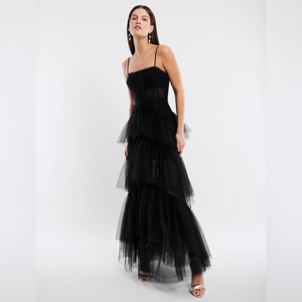 BCBGMAXAZRIA Sheer Tiered Ruffle Gown - in black Size 4